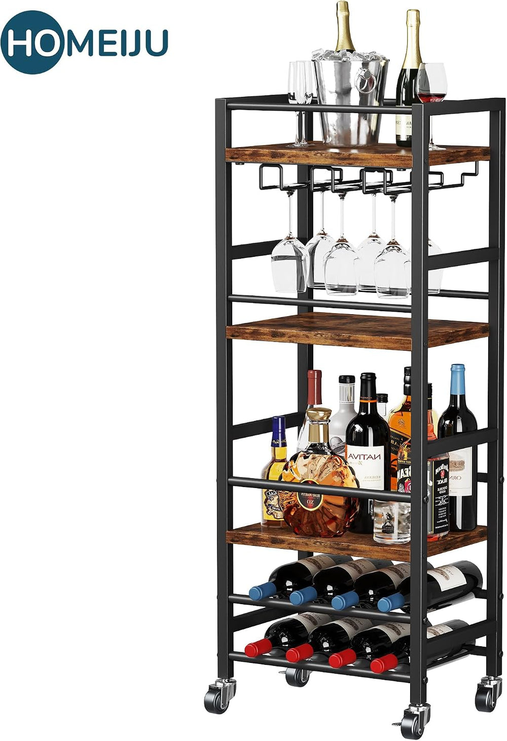 Homeiju Small Bar Cart with 5-Tier Shelf, Mobile Kitchen Shelf with Wine Rack...