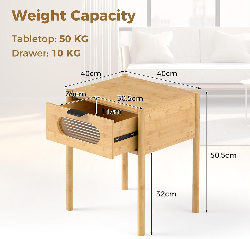 Giantex Bamboo Nightstand Set of 2, Mid Century Modern Bedside Table with Tem...