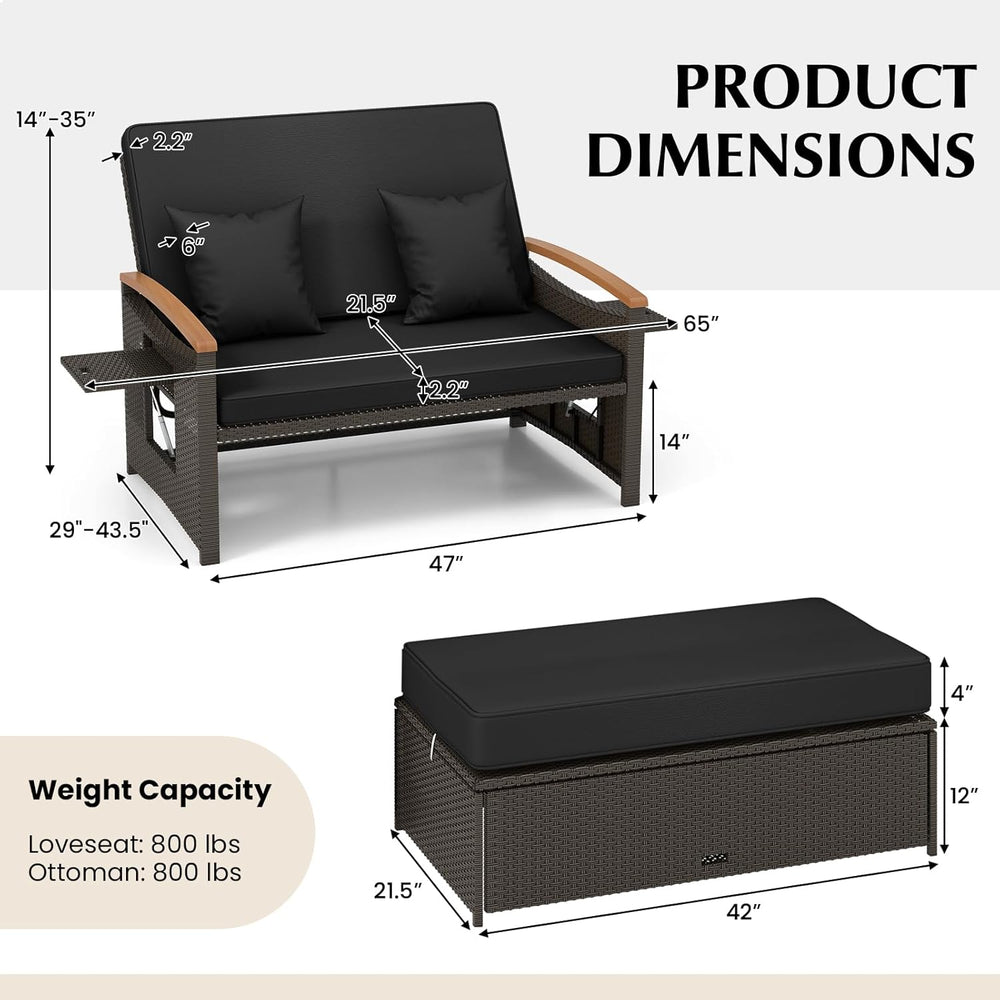 COSTWAY Patio Rattan Daybed, Outdoor Loveseat Sofa with Storage Ottoman, 4-Le...