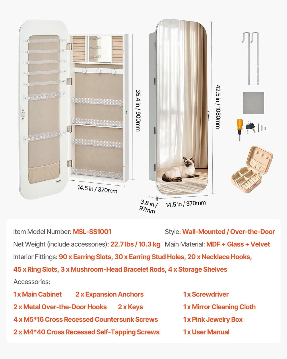 VEVOR Mirror Jewelry Cabinet, 42.5-inch Tall, Full-Length Mirror with Storage...