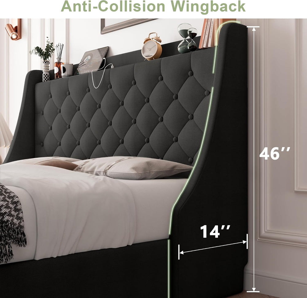 Feonase Upholstered Queen Size Bed Frame with 4 Storage Drawers, Storage Bed ...