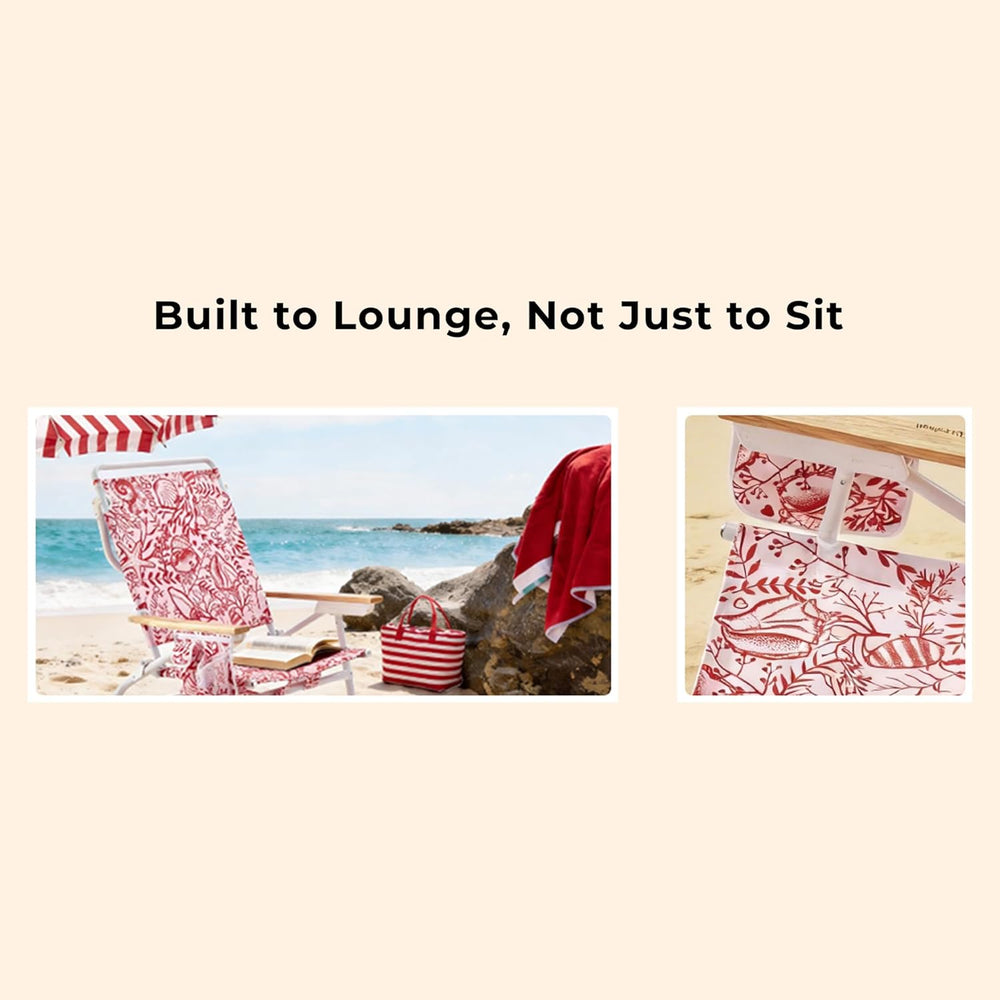 5-Position Low Beach Chair, Portable Lightweight Folding Beach Chair with Woo...