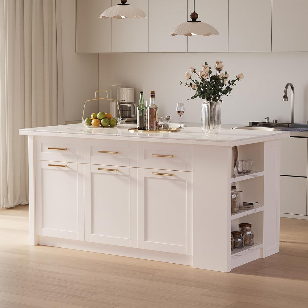 homary Kitchen Island with Bar Stools Set,71" White Kitchen Island with ...
