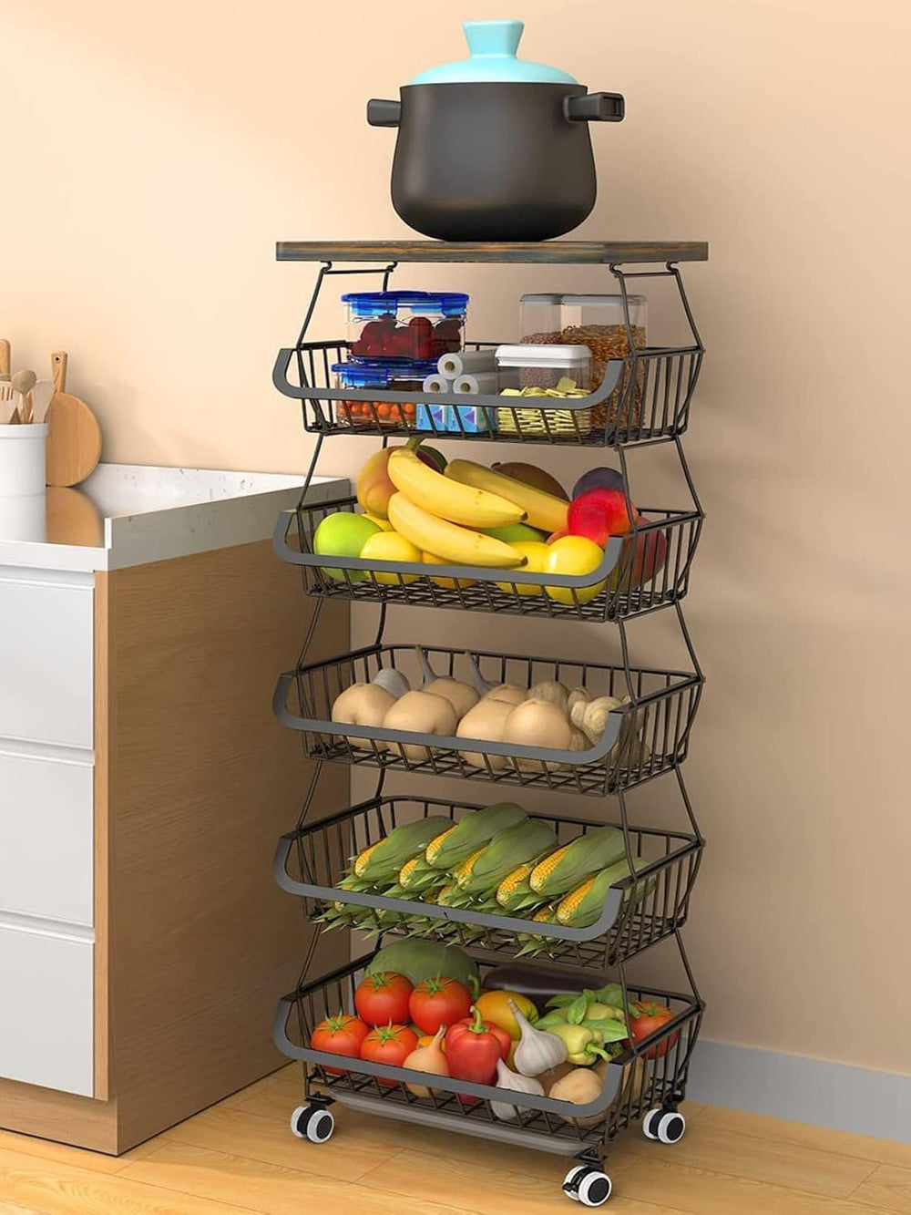 6-Tier Rolling Pantry Floor Organizer with Wheel Stackable Fruit Vegetable St...