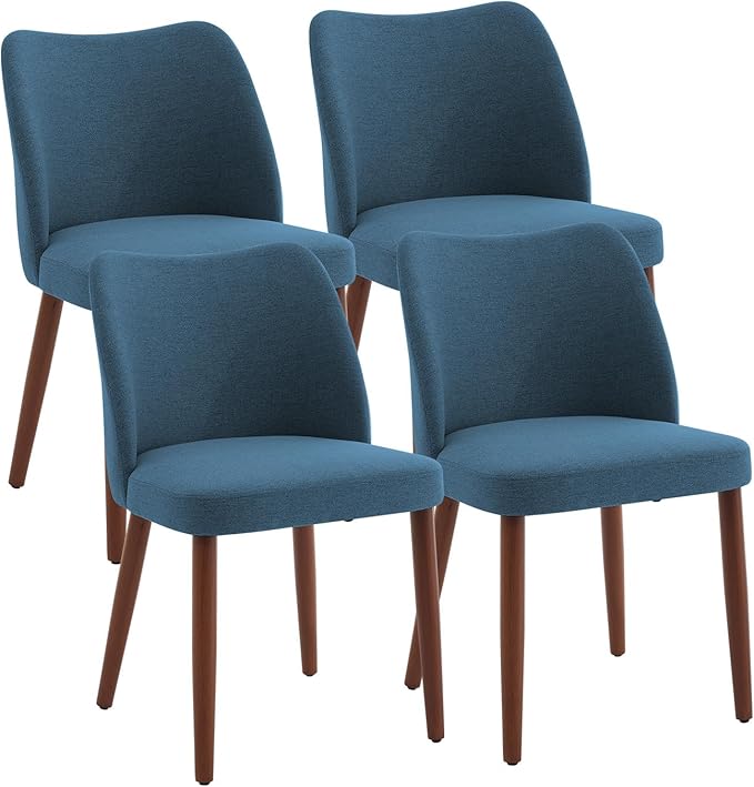 Dining Chair Set of 4, Linen Upholstered Dining Chair with Wood Legs, Wing Ba...