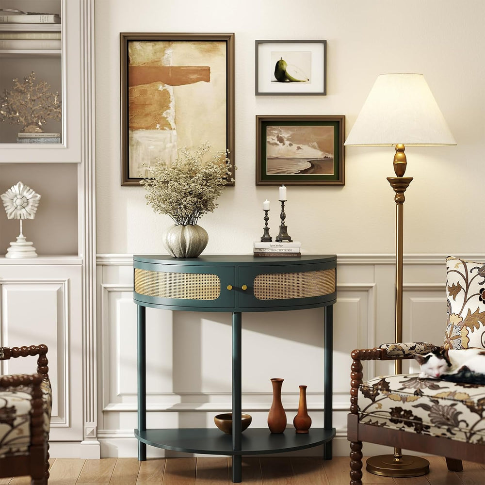 Rovibek 31.5 Inches Rattan Half Moon Console Table for Entryway - Small Entry...
