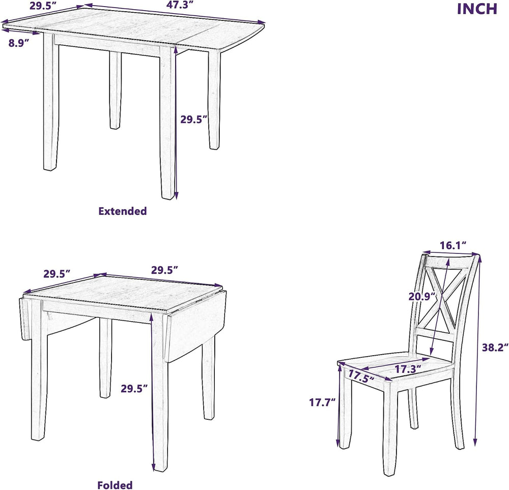 Harper & Bright Designs 3-Piece Wood Drop Leaf Dining Table Set with 2 X-...