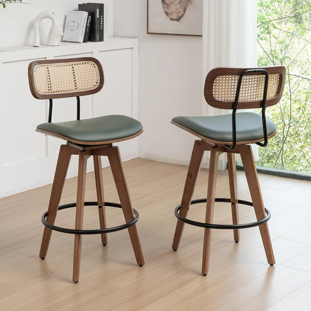 26" Rattan Bar Stools Set of 2, Faux Leather Counter Height Swivel Barst...