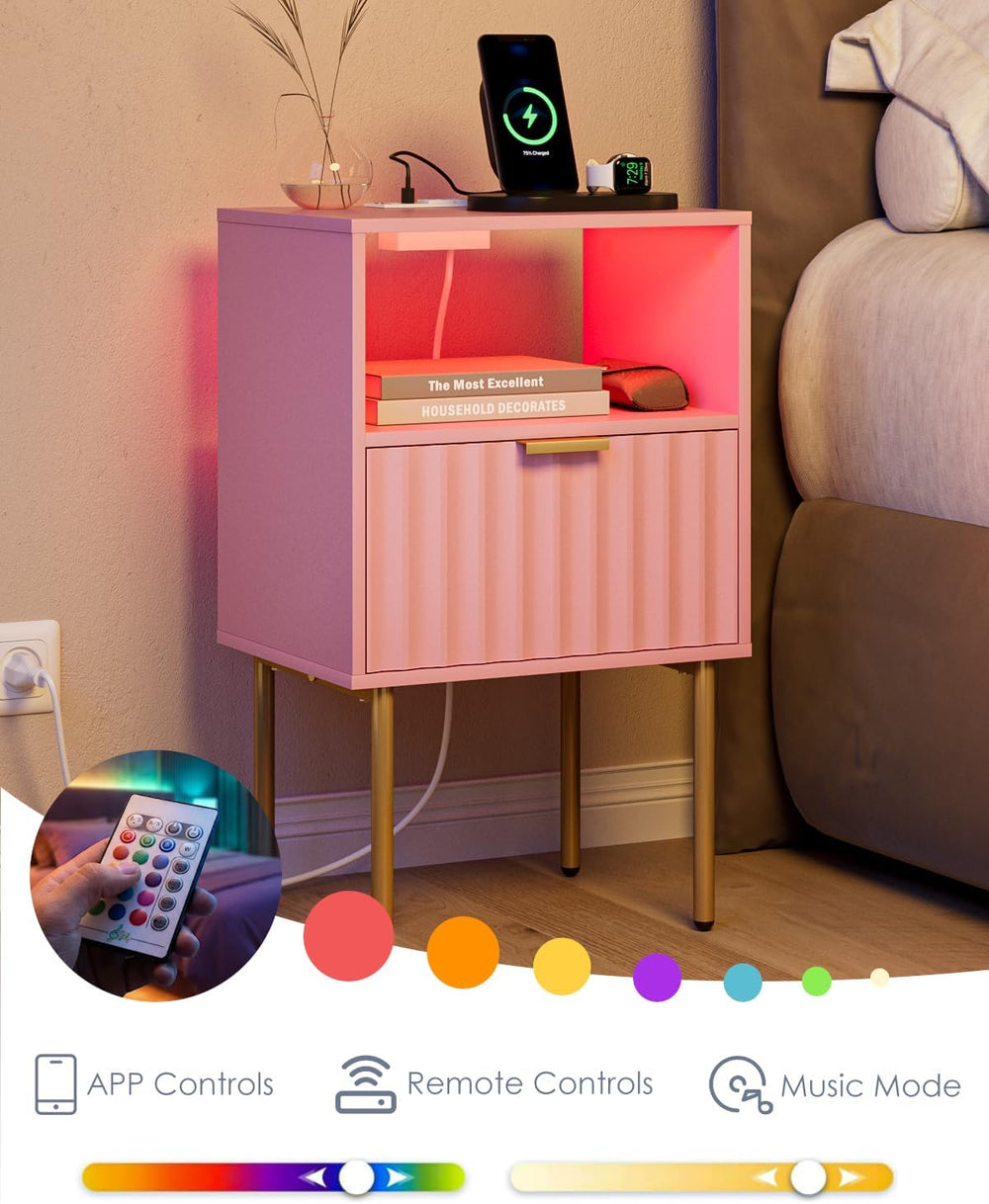 Nightstand with Charging Station and LED Lights, Modern Pink Bedside Table wi...