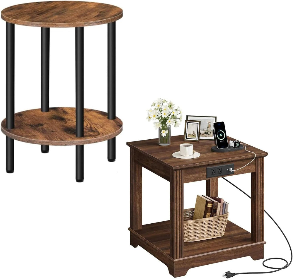 CHOEZON Round Side Table and Farmhouse End Table with Charging Station Bundle...