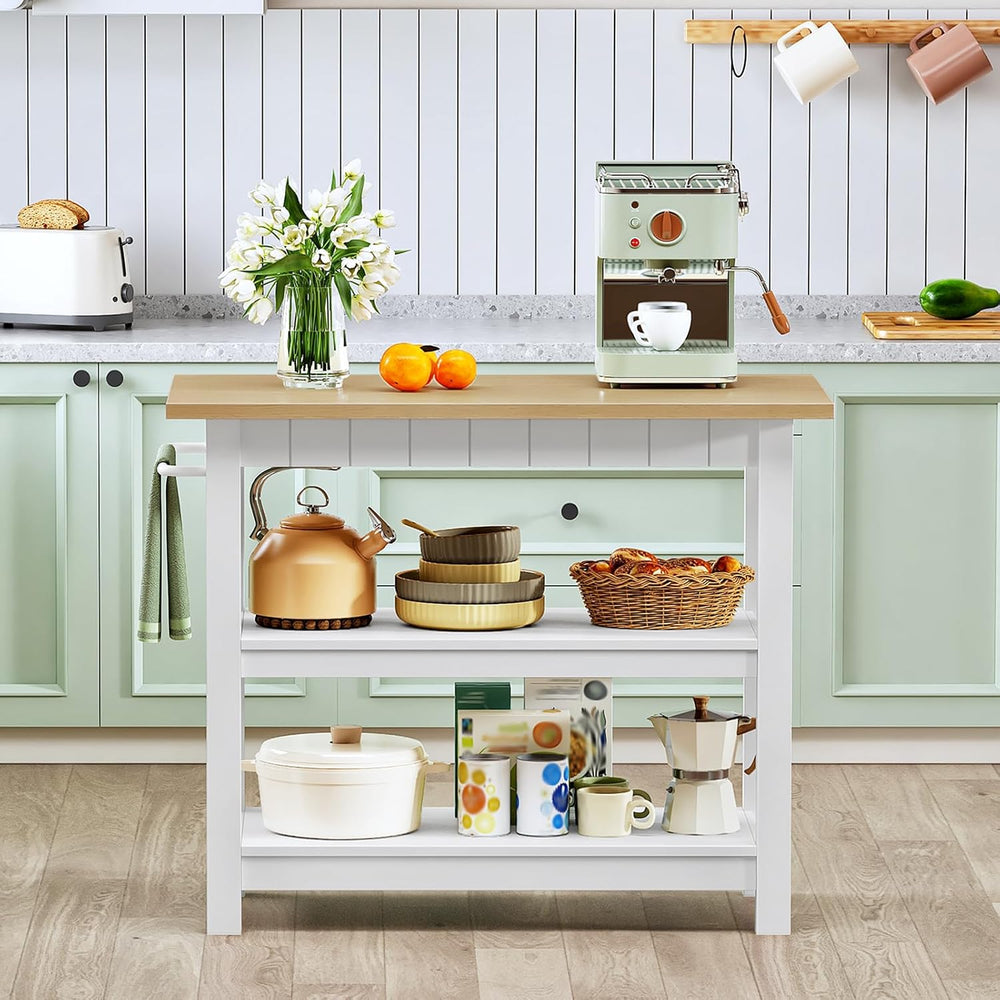 CHOEZON Kitchen Island with 3-Tier Storage and Hooks, White and Natural | 39....