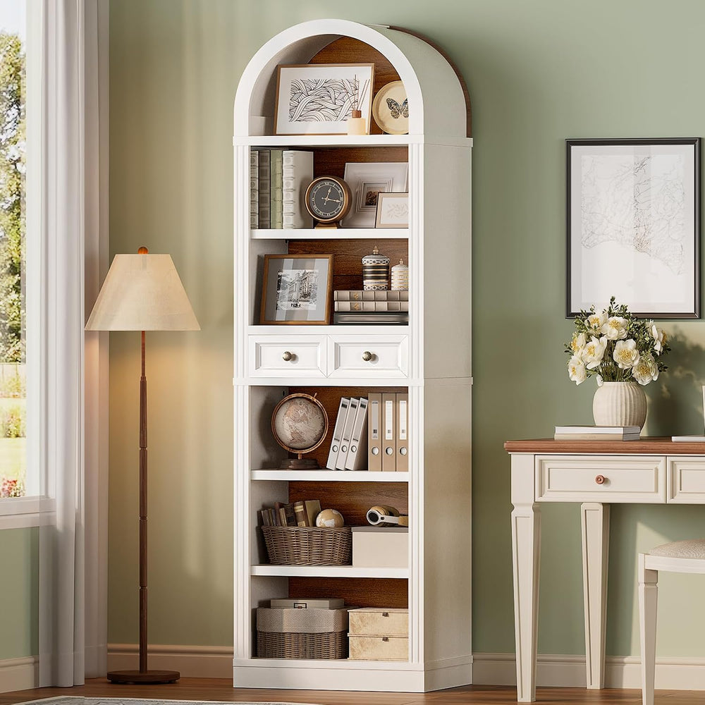 RALGEND Arched Bookshelf, 73" Tall Narrow Arch Bookcase with Drawer, 6-T...