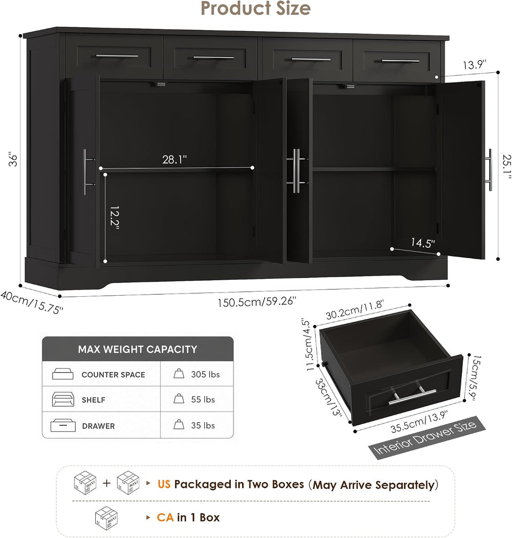 HOSTACK 60" W Sideboard Buffet Cabinet with Storage, Kitchen Cabinet, Black