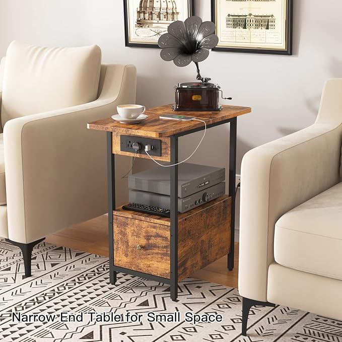 LIDYUK End Table with Charging Station, Narrow Side Table with Drawer and USB...