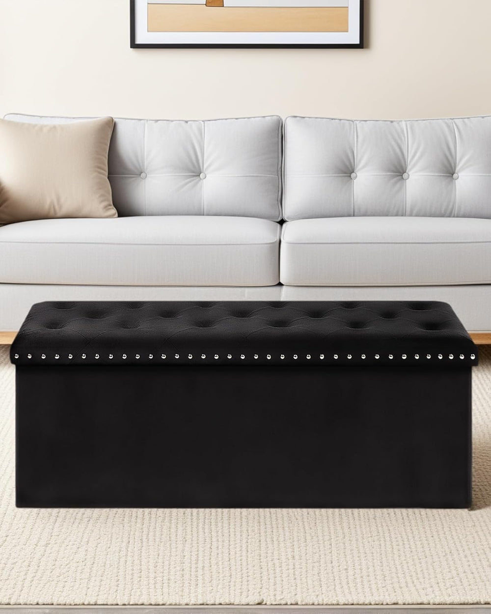 Velvet Storage Ottoman Bench, 43.3" Upholstered Tufted Ottoman with Stor...