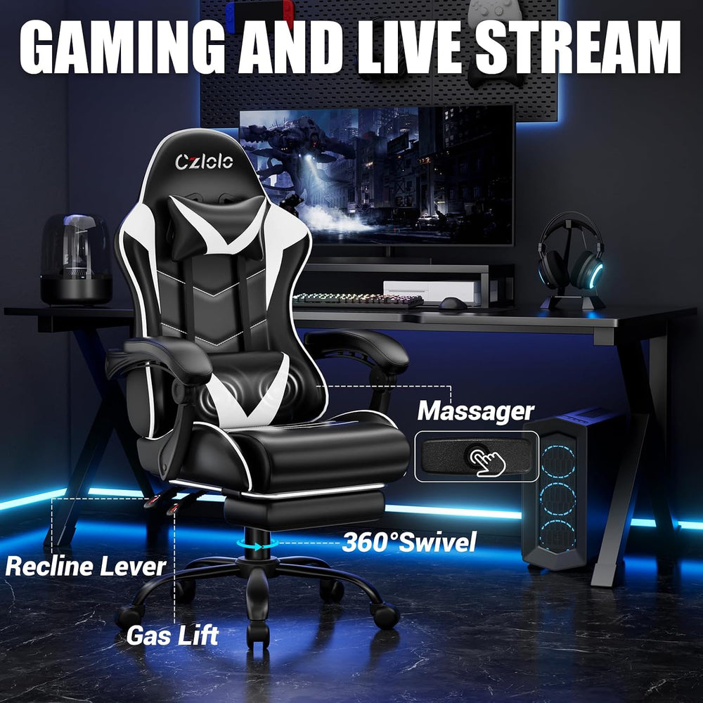 Czlolo Gaming Chair with Footrest Racing Style Lumbar Support Massager Video ...