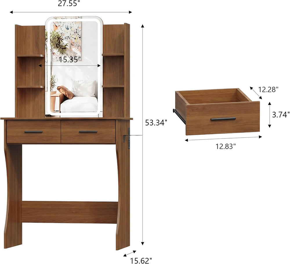 HUANLEGO Small Walnut Vanity Desk with Mirror and Lights for Women Girls | Va...