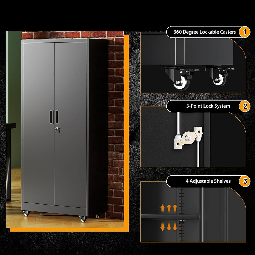 Greenvelly 73" Metal Garage Storage Cabinet with Wheels, Black Lockable ...