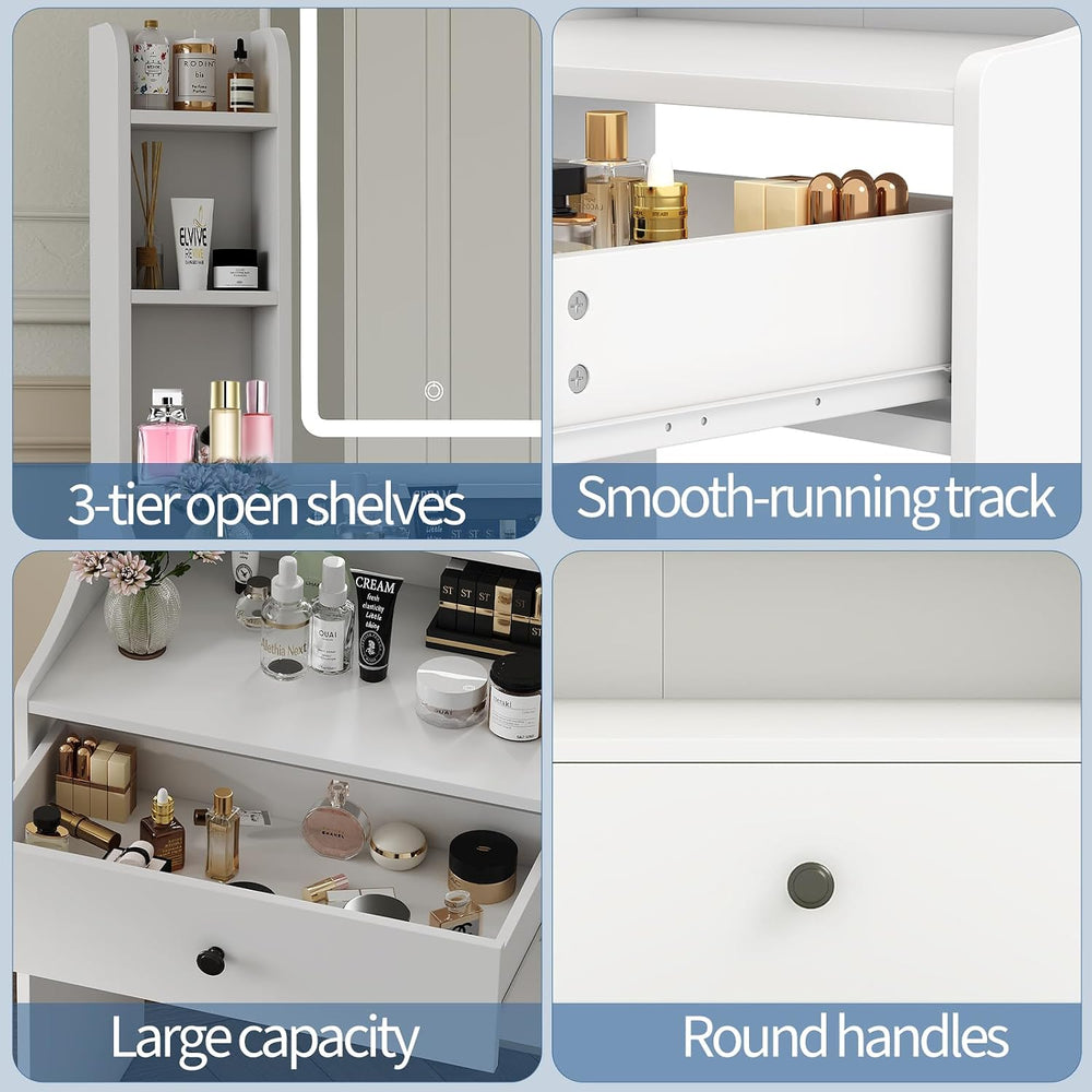 Makeup Vanity Desk with Mirror Lights & Charging, White | Includes Storag...