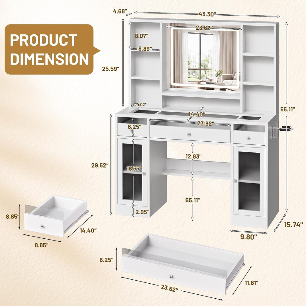LIVELYGLOW 43.3" White Large Makeup Vanity Desk with Glass Top & RGB...