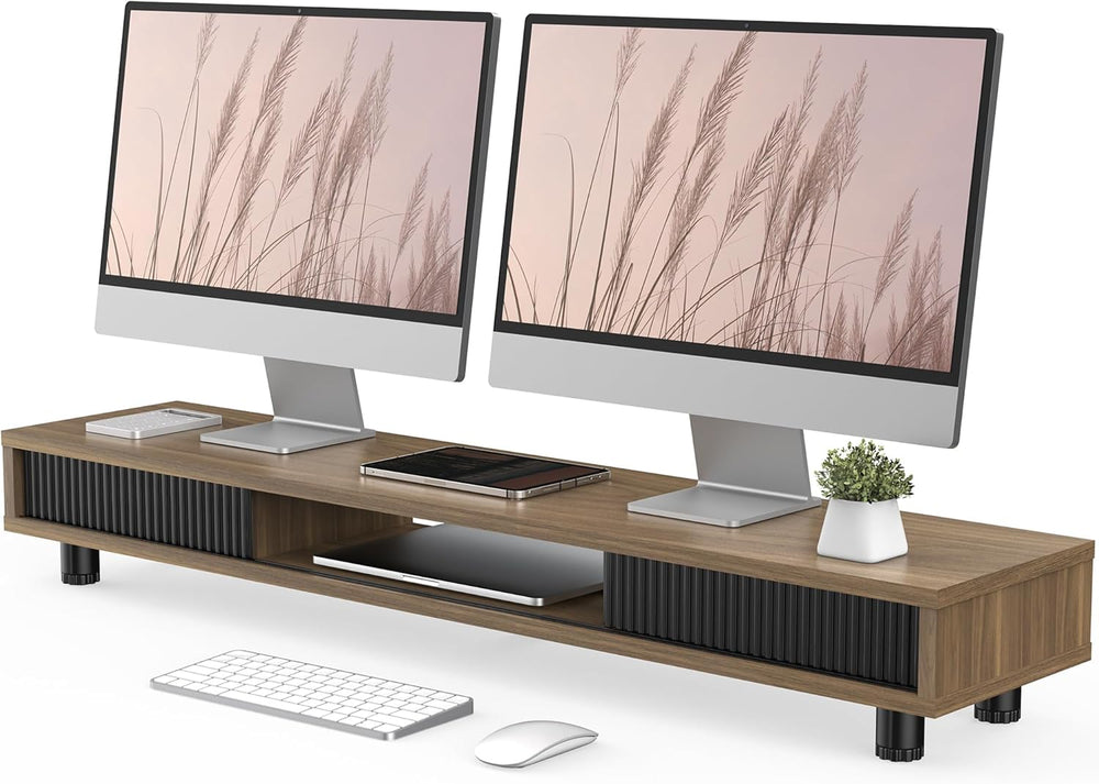 Fenge Dual Monitor Stand with Storage, Desk Shelf with Glass Sliding Door