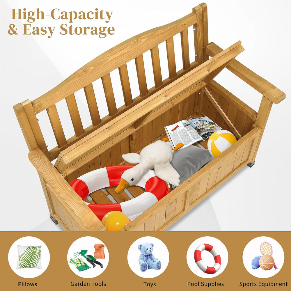 Outdoor Wooden Storage Bench, Large Deck Box with Seating & Armrest, Pati...