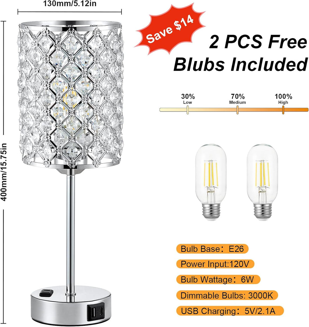Sliver Crystal Table Lamps for Bedroom Set of 2, Nightstand Touch Lamp