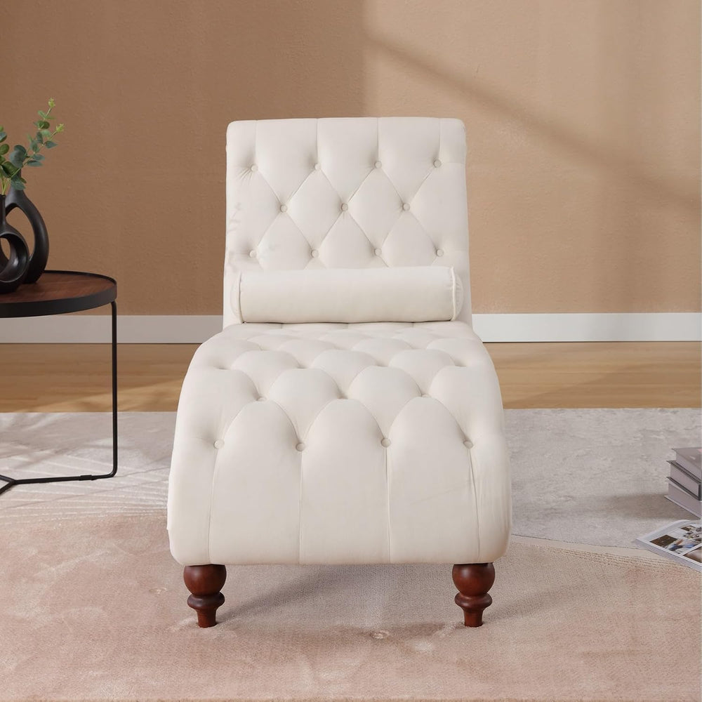 Velvet Tufted Chaise Lounge, Upholstered Sofa Chair with Wood Legs Beige