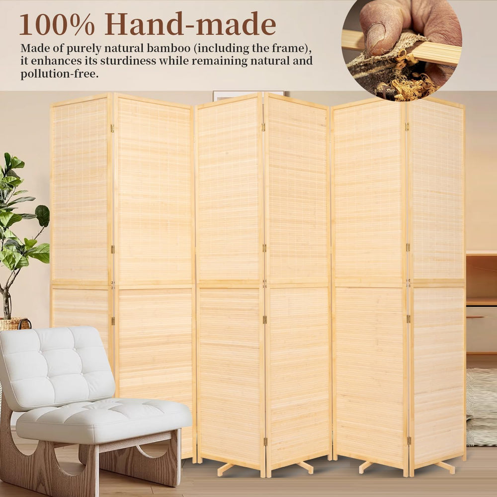 Bamboo Room Divider 6 Panel Wall Divider,Folding Screen W/Extra Stable Base