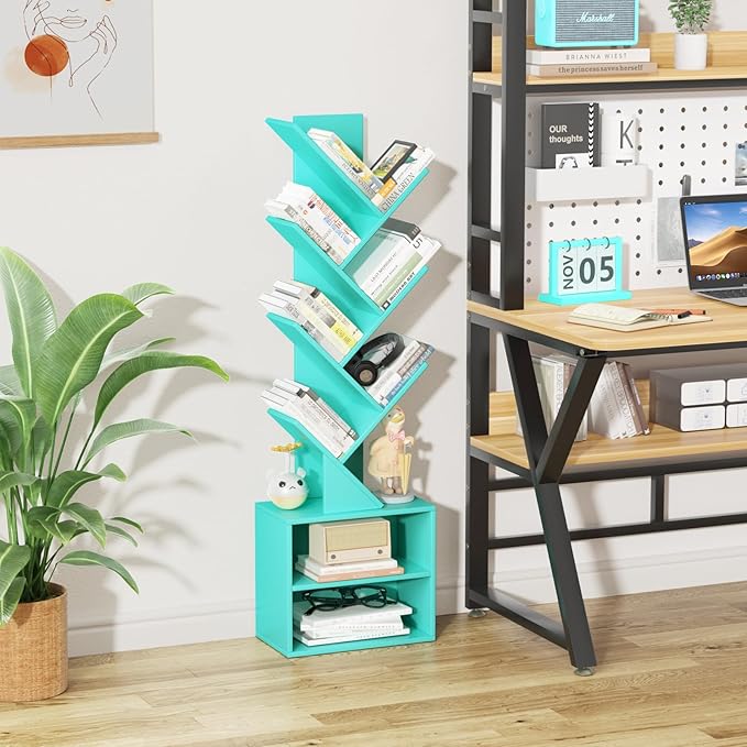 10 Tier Tree Bookshelf,Floor Standing Wood Tall Bookcase for Narrow Space, St...