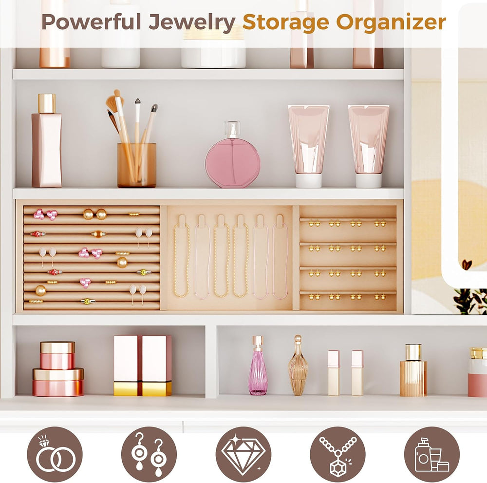 ANWBROAD Large Vanity Desk with Sliding Mirror and Lights& Jewelry Storag...