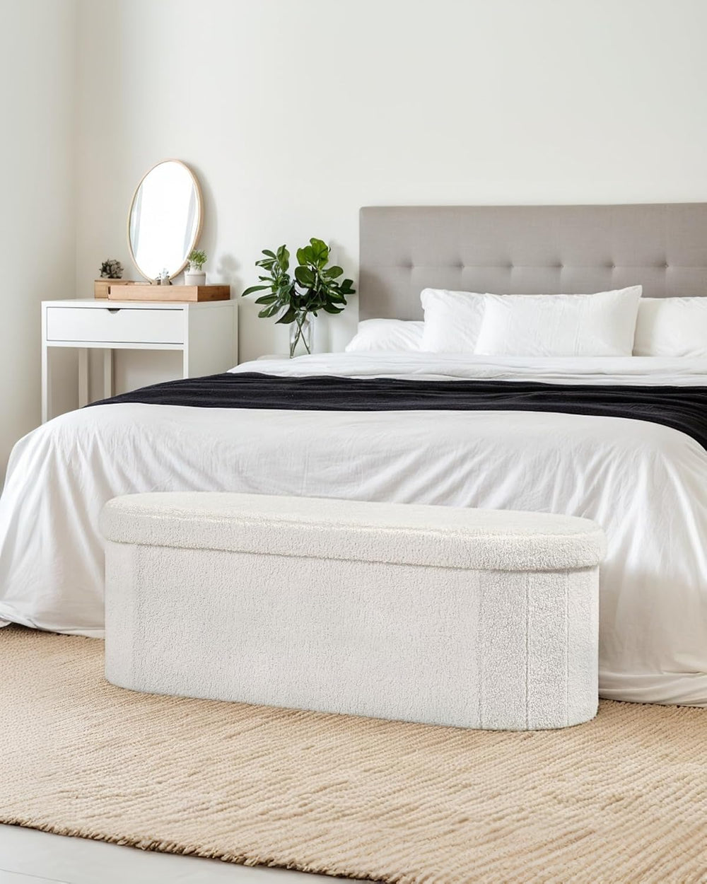 43.3 Inches Foldable Storage Ottoman Bench, Oval Footrest | Teddy Boucle Fabr...
