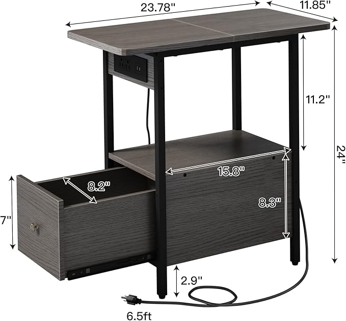 LIDYUK End Table with Charging Station, Narrow Side Table with Drawer and USB...