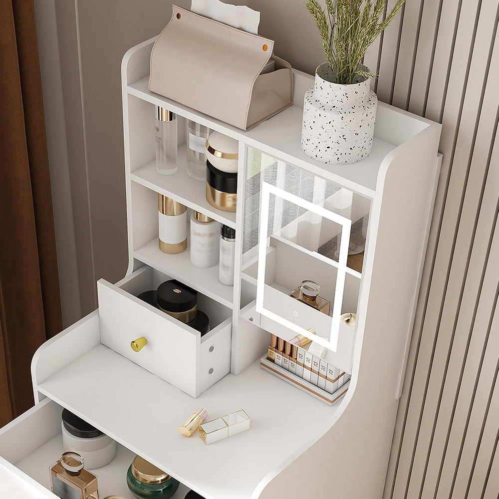 Runboll Compact Dressing Table with Storage Stool & Adjustable Lighted Mi...