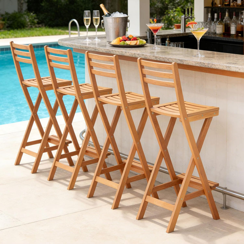 COSTWAY Outdoor Folding Bar Stool, Acacia Wood High Top Chairs with Slatted B...