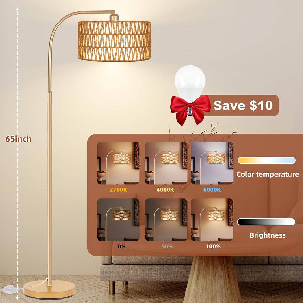 Gold Floor Lamps, Boho Floor Lamp for Room,Farmhouse Rattan Standing Lamps