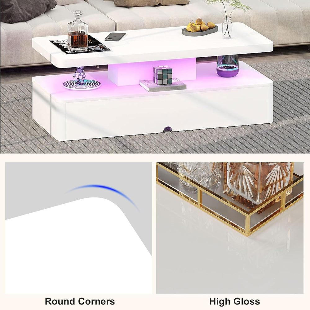 MXV 47" Modern Coffee Table with 16 Color LED Lights, 2 Tier Rectangular...