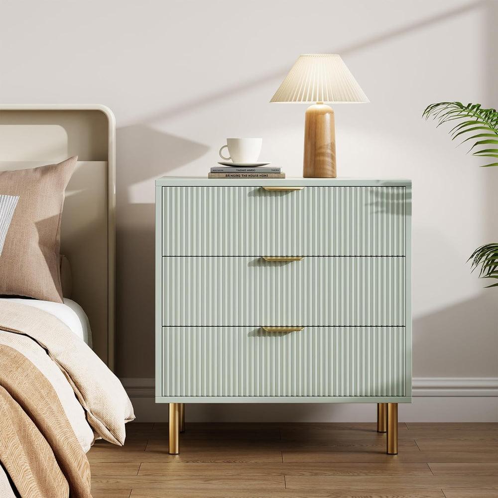 IDEALHOUSE Modern Green 3 Drawer Dresser for Bedroom with Gold Handles