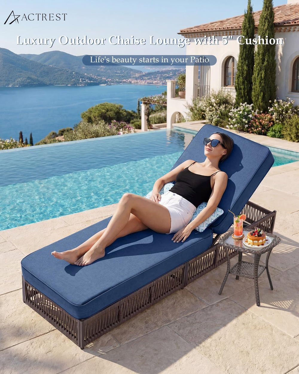 Luxury Outdoor Chaise Lounge with 5 Inch Thickened Cushions - 1 Set High Back...