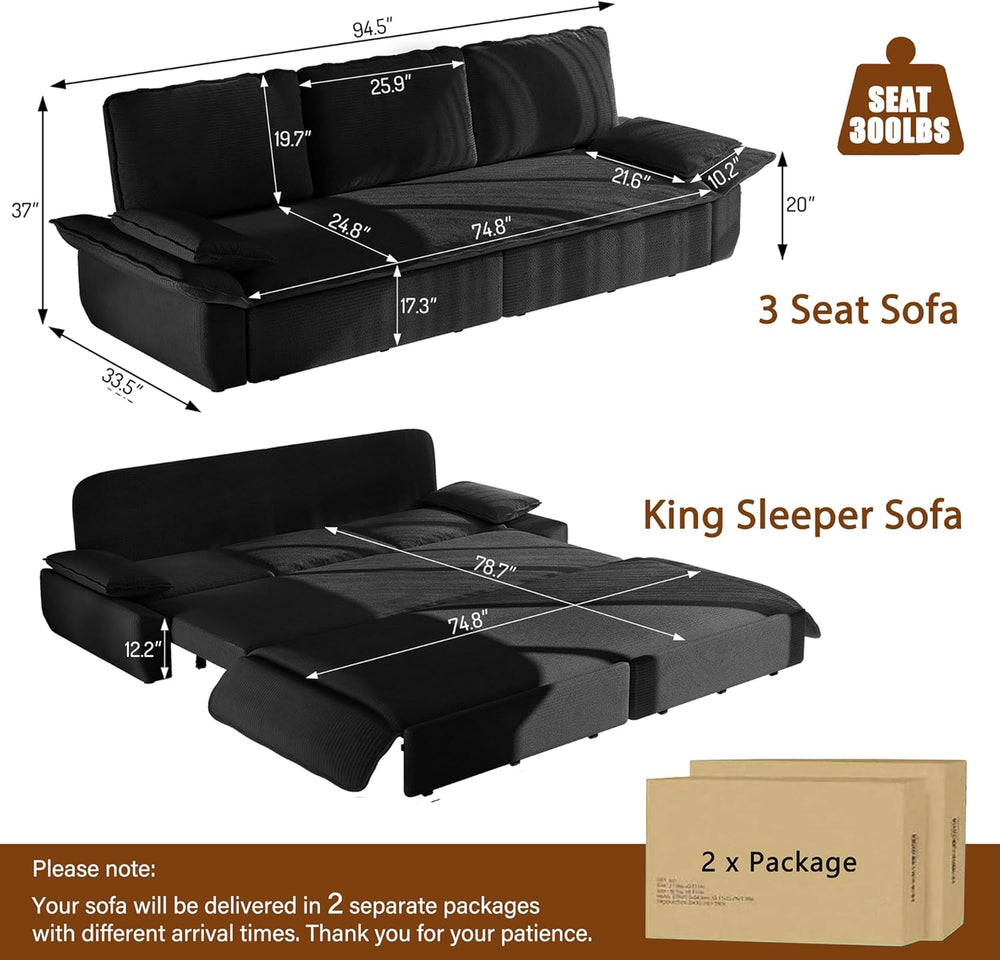 94.5" Pull Out Couch King Size, Futon Sofa Bed, 3-in-1 Convertible Sleep...