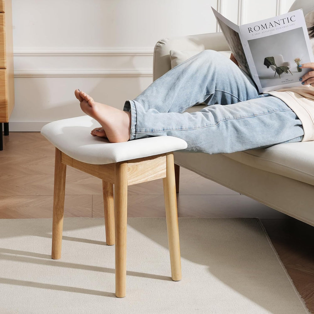 18" Small Vanity Chair Ottoman Bench Saddle Cushion Linen Beige | Soft S...