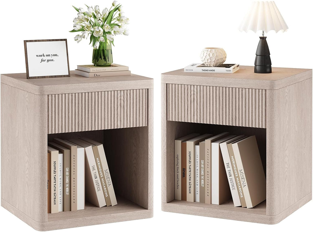 OLIXIS Set of 2 Modern Nightstand, 22.7" Fluted Drawer Wood Bedside Tabl...