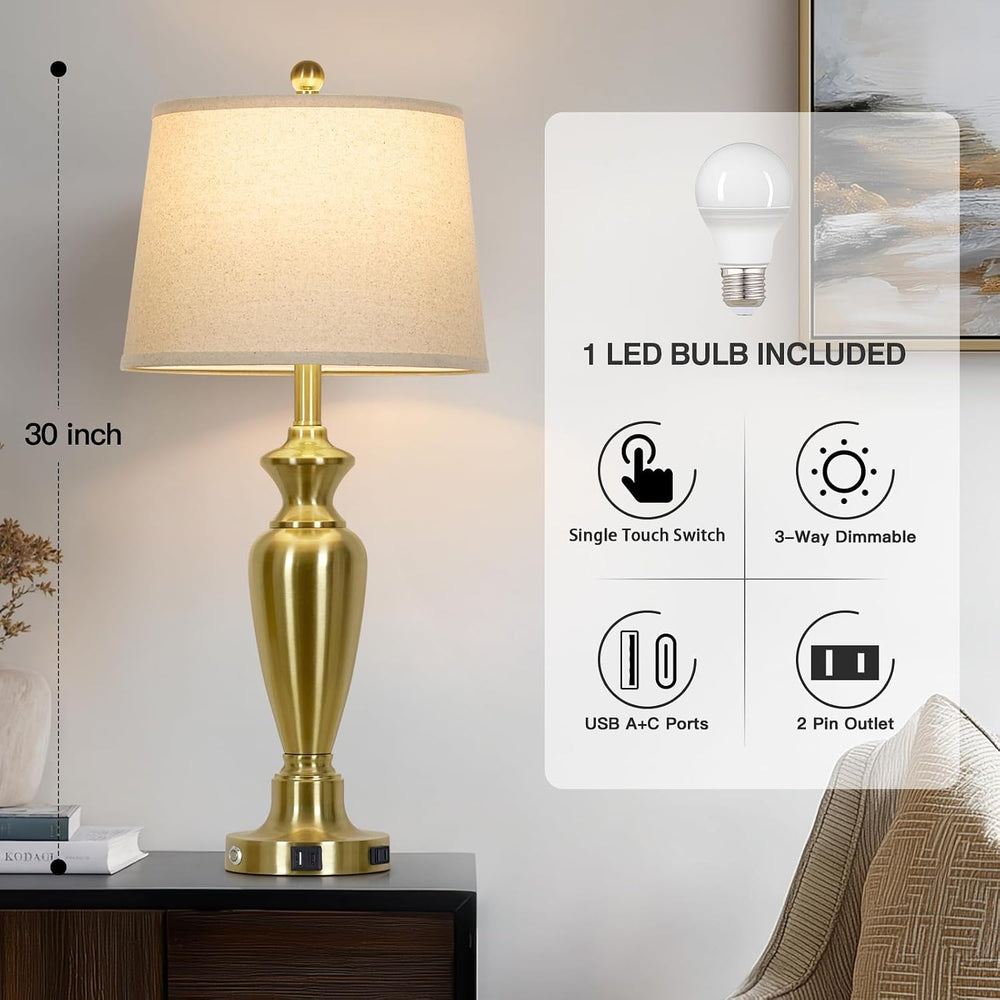 Gold Table Lamp for Living Room Single, 30″ Tall Touch Control Bedside Lamp f...