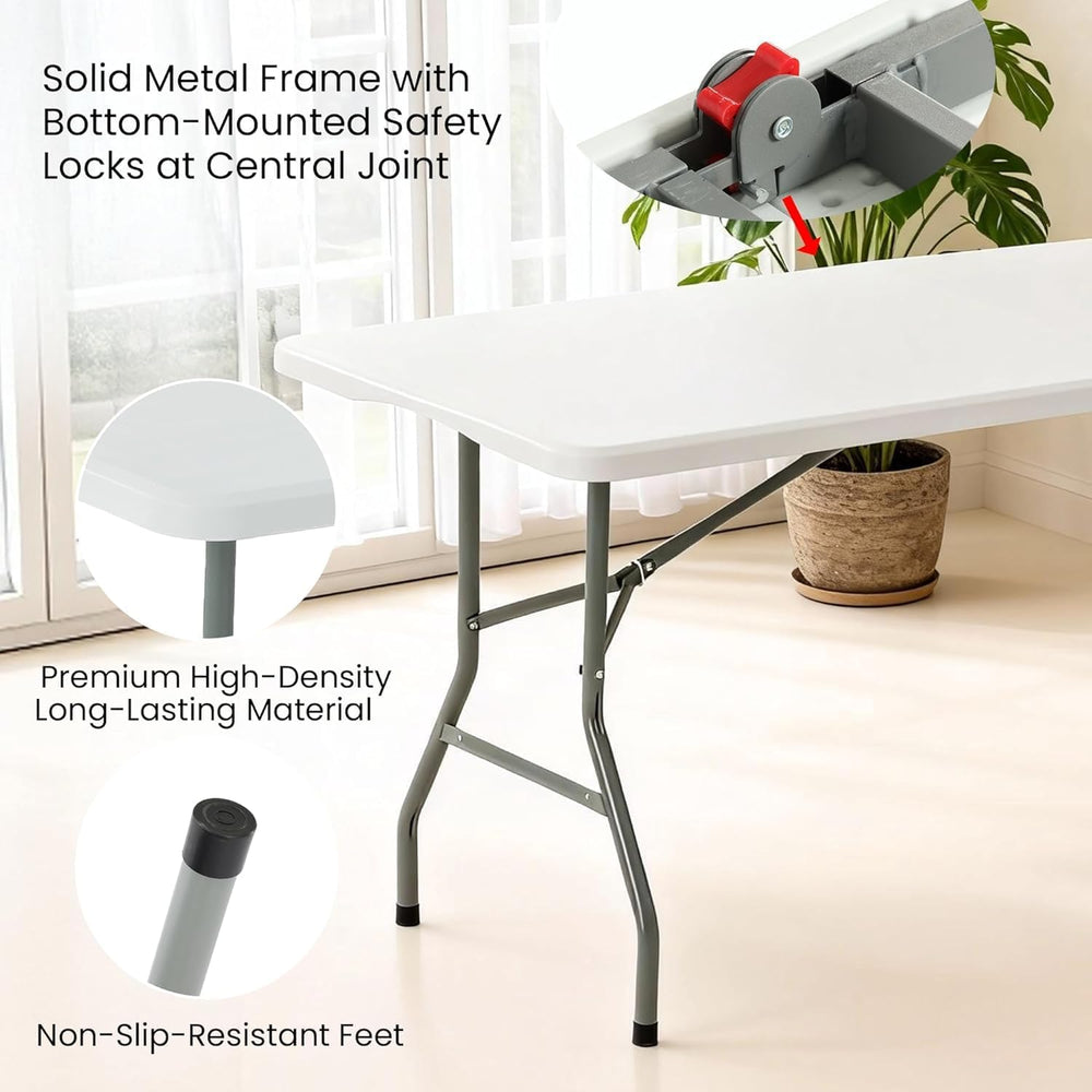 6 Foot Plastic Foldable Table with Built in Handle & Steel Legs, 6 FT Por...