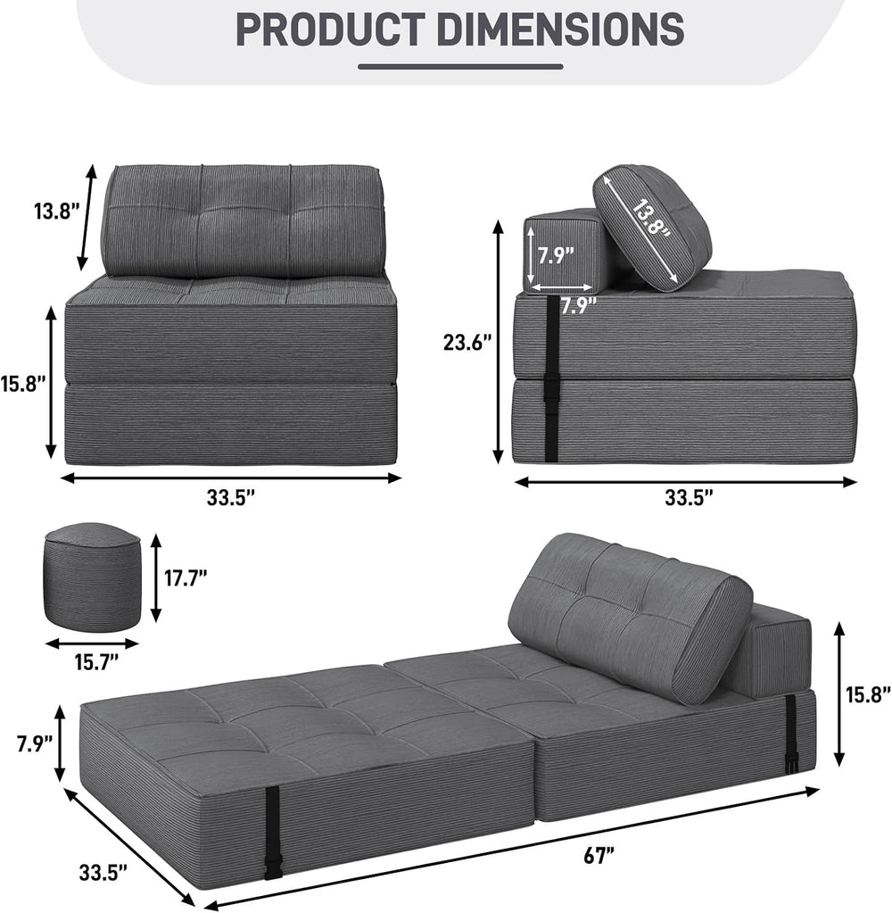 XVD Folding Sofa Bed with Ottoman, 3-in-1 Convertible Floor Sleeper Chair w/2...