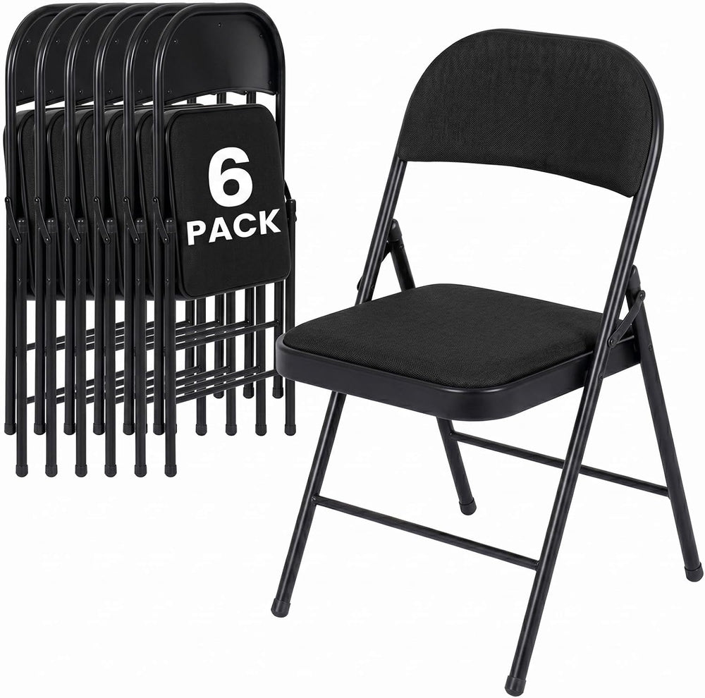 6 Pack Black Folding Chairs with Fabric Padded Cushion and Back | Comfortable...