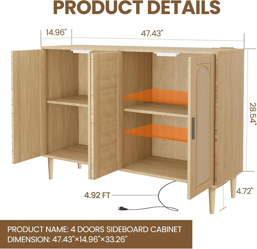 Patikuin Rattan Sideboard Buffet Cabinet, Boho Accent Storage Cabinet, 4 Door...