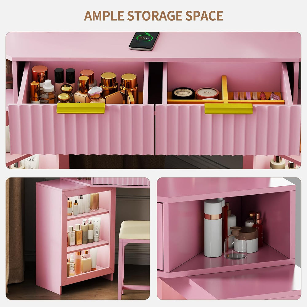 Corner Makeup Vanity with LED Triple Mirror and Charging Station - Pink | SKK...