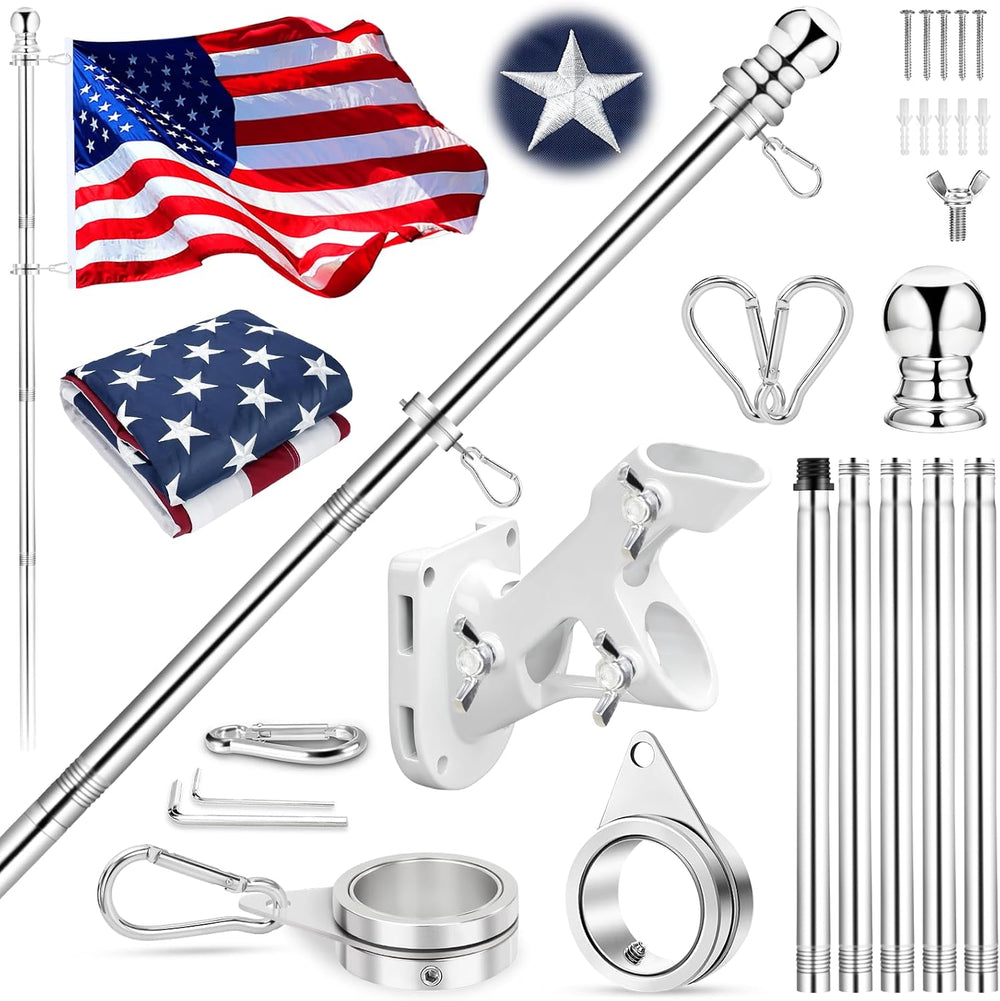 American Flag with Flag Pole Kit for Outside House, 6 Ft Metal Flagpole Kit &...
