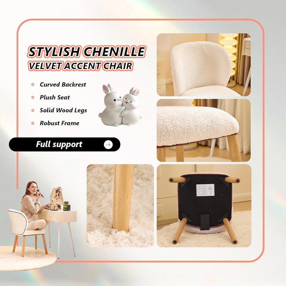 VINGLI Chenille Curved-Back Armless No Wheels Vanity Chair for Girls,Beige
